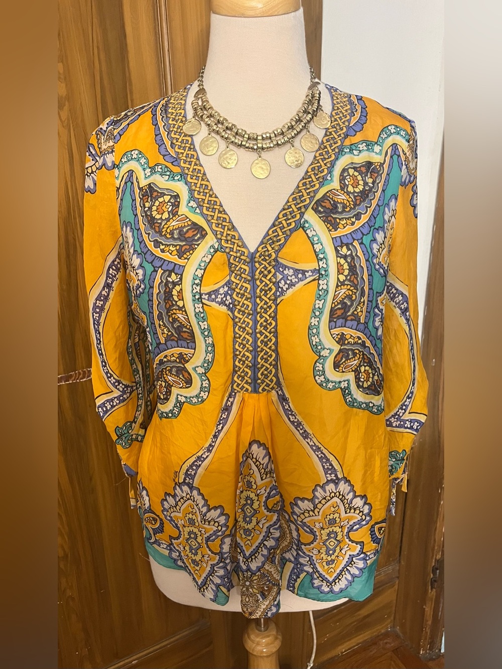 Hale Bob Mustard Yellow, Blue and Lavender Silk Blouse